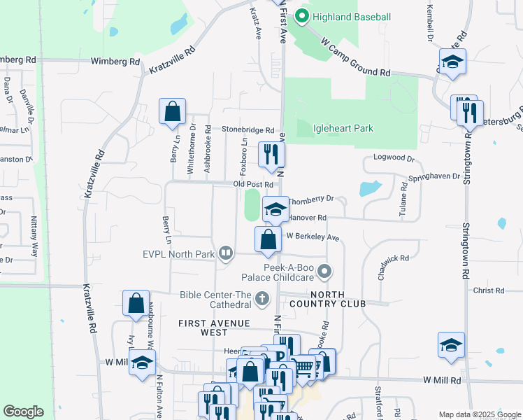 map of restaurants, bars, coffee shops, grocery stores, and more near 5400 North First Avenue in Evansville