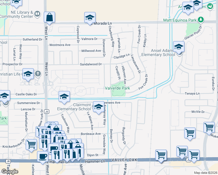 map of restaurants, bars, coffee shops, grocery stores, and more near 8703 Cherbourg Way in Stockton