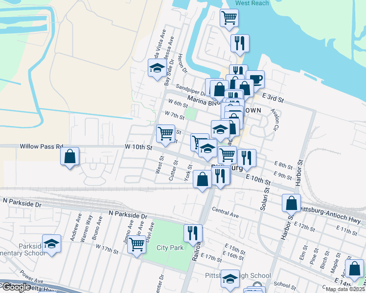 map of restaurants, bars, coffee shops, grocery stores, and more near 195 West 9th Street in Pittsburg