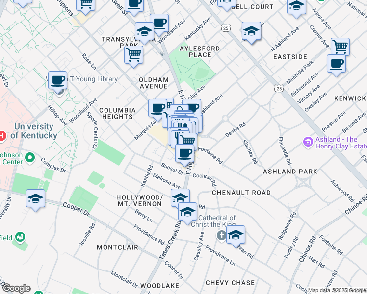 map of restaurants, bars, coffee shops, grocery stores, and more near 836 Euclid Avenue in Lexington