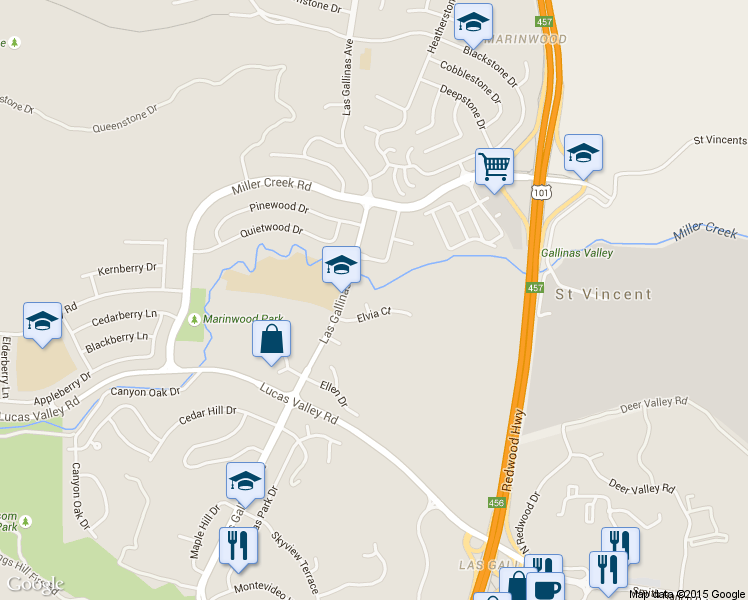 map of restaurants, bars, coffee shops, grocery stores, and more near 258 Etta Court in San Rafael