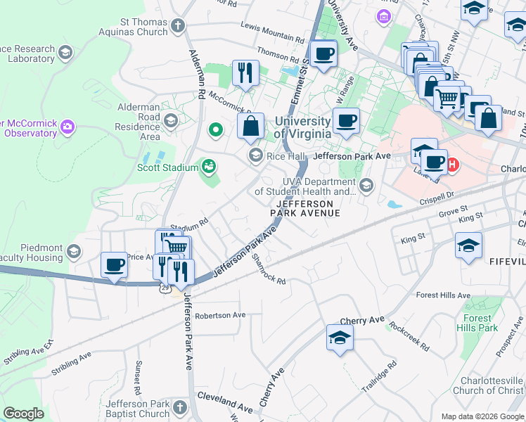 map of restaurants, bars, coffee shops, grocery stores, and more near 300 Montebello Circle in Charlottesville
