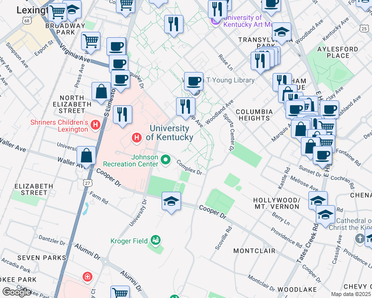 map of restaurants, bars, coffee shops, grocery stores, and more near 758 Woodland Avenue in Lexington