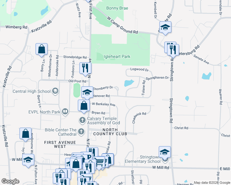 map of restaurants, bars, coffee shops, grocery stores, and more near 408 Thornberry Drive in Evansville