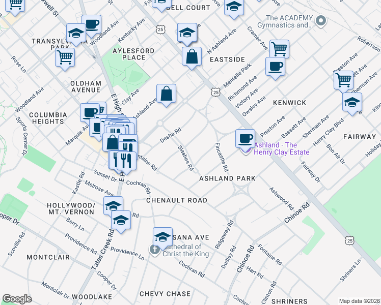 map of restaurants, bars, coffee shops, grocery stores, and more near 1109 Slashes Road in Lexington