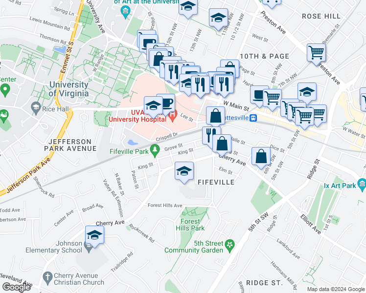 map of restaurants, bars, coffee shops, grocery stores, and more near 1010 Grove Street in Charlottesville