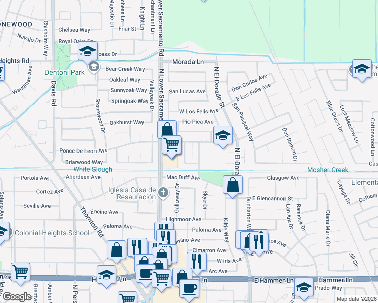 map of restaurants, bars, coffee shops, grocery stores, and more near 8642 Acapulco Way in Stockton