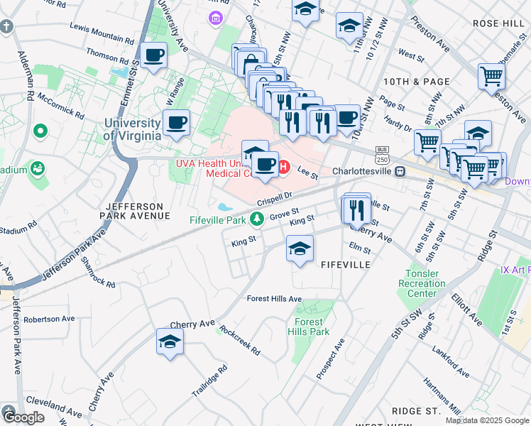 map of restaurants, bars, coffee shops, grocery stores, and more near State Route 1101 in Charlottesville