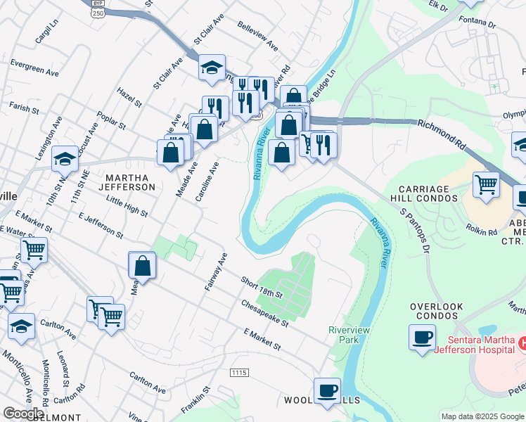 map of restaurants, bars, coffee shops, grocery stores, and more near 300 Riverbend Drive in Charlottesville