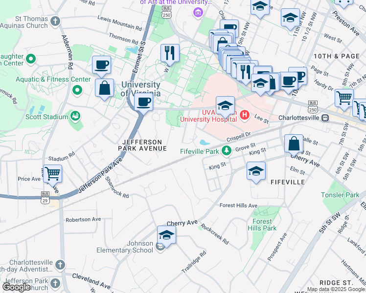 map of restaurants, bars, coffee shops, grocery stores, and more near 514 Brandon Avenue in Charlottesville