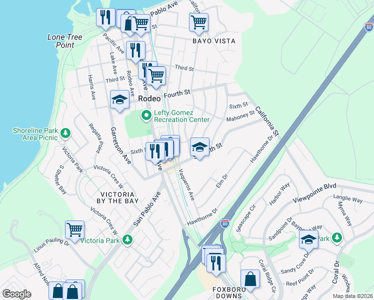 map of restaurants, bars, coffee shops, grocery stores, and more near 610 Napa Avenue in Rodeo