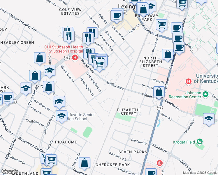 map of restaurants, bars, coffee shops, grocery stores, and more near 1545 Jacana Drive in Lexington