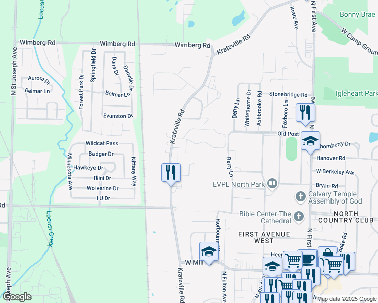 map of restaurants, bars, coffee shops, grocery stores, and more near 1411 Timberlake Road in Evansville