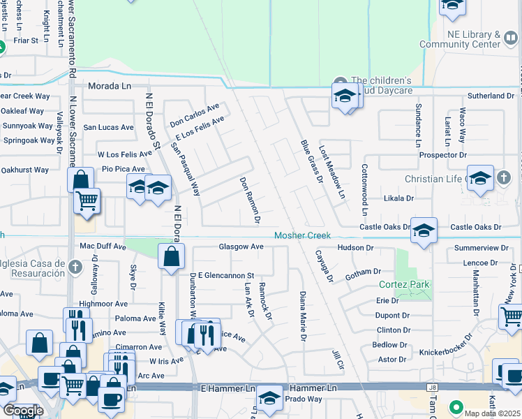 map of restaurants, bars, coffee shops, grocery stores, and more near 307 Santa Anita Court in Stockton