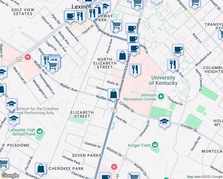 map of restaurants, bars, coffee shops, grocery stores, and more near 119 University Avenue in Lexington