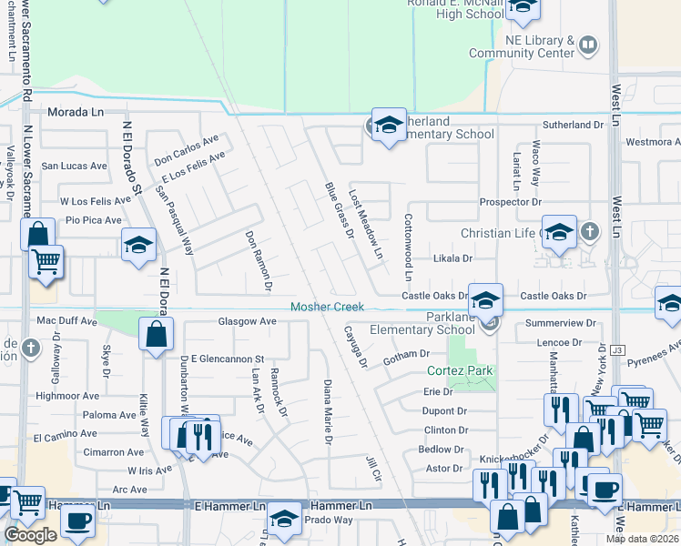 map of restaurants, bars, coffee shops, grocery stores, and more near 8716 Deer Creek Circle in Stockton
