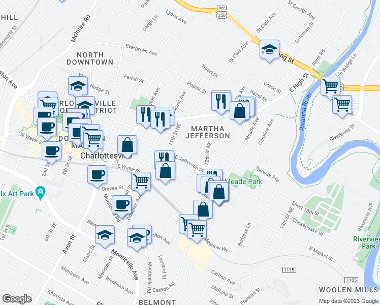 map of restaurants, bars, coffee shops, grocery stores, and more near 305 Farm Lane in Charlottesville