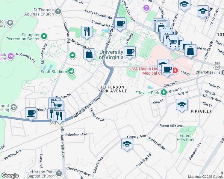 map of restaurants, bars, coffee shops, grocery stores, and more near 550 Valley Road in Charlottesville
