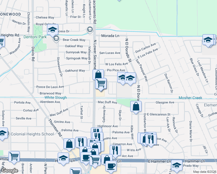 map of restaurants, bars, coffee shops, grocery stores, and more near 8635 Santa Paula Way in Stockton
