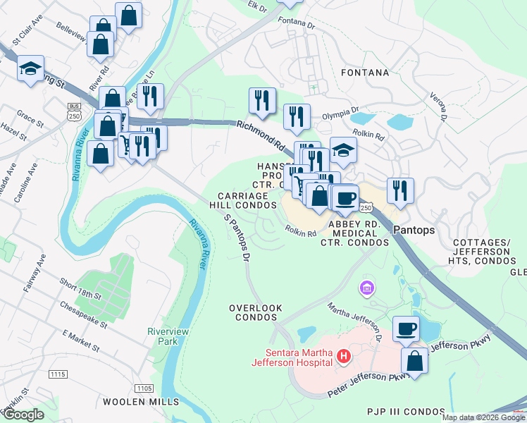 map of restaurants, bars, coffee shops, grocery stores, and more near 825 Beverley Drive in Charlottesville