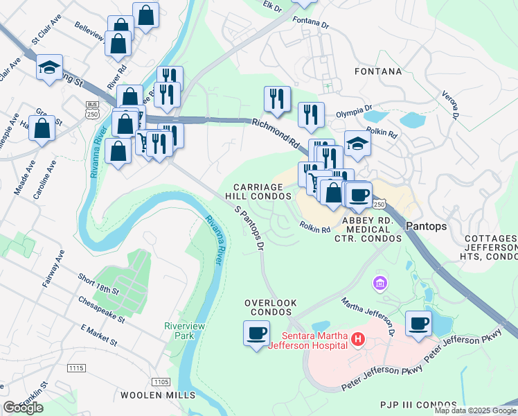 map of restaurants, bars, coffee shops, grocery stores, and more near 915 Dorchester Place in Charlottesville