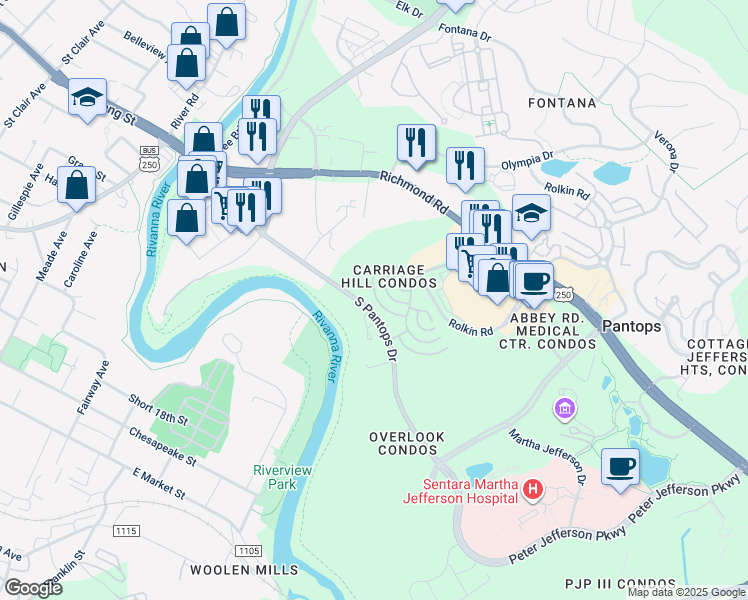 map of restaurants, bars, coffee shops, grocery stores, and more near 915 Dorchester Place in Charlottesville