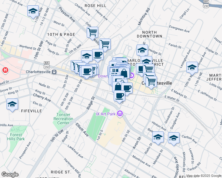 map of restaurants, bars, coffee shops, grocery stores, and more near 200 South Street West in Charlottesville