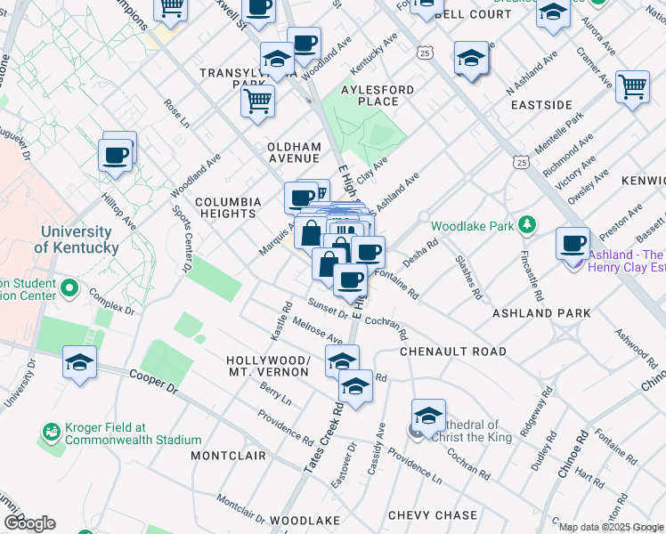 map of restaurants, bars, coffee shops, grocery stores, and more near 448 South Ashland Avenue in Lexington