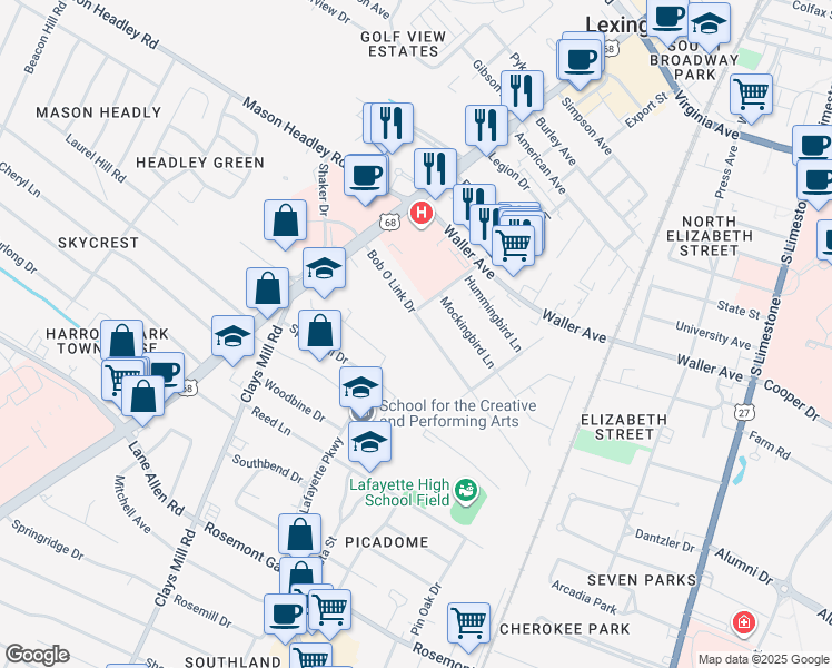 map of restaurants, bars, coffee shops, grocery stores, and more near 492 Bob-O-Link Drive in Lexington