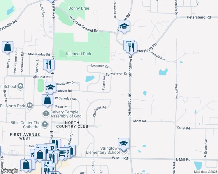 map of restaurants, bars, coffee shops, grocery stores, and more near 5600 Winston Road in Evansville