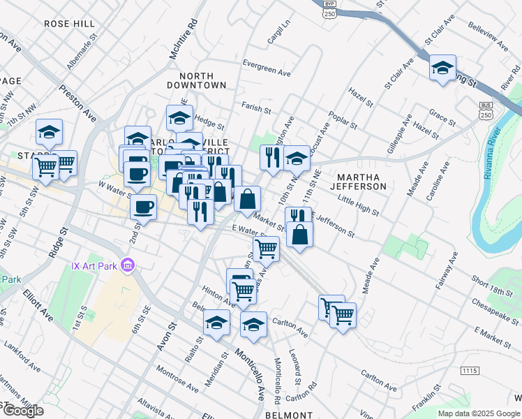 map of restaurants, bars, coffee shops, grocery stores, and more near 923 East Market Street in Charlottesville