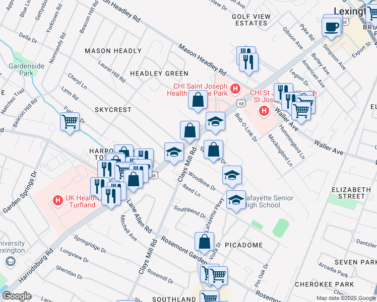 map of restaurants, bars, coffee shops, grocery stores, and more near 1617 Clays Mill Road in Lexington