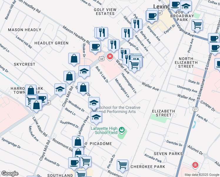 map of restaurants, bars, coffee shops, grocery stores, and more near 492 Bob-O-Link Drive in Lexington