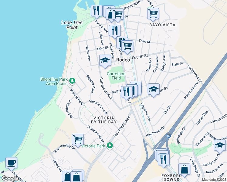 map of restaurants, bars, coffee shops, grocery stores, and more near 400 Sixth Street in Rodeo