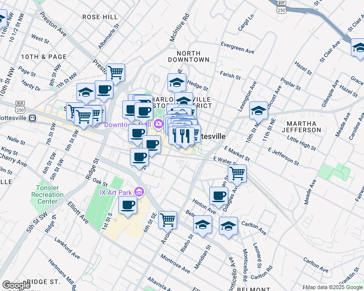 map of restaurants, bars, coffee shops, grocery stores, and more near 106 5th Street Southeast in Charlottesville