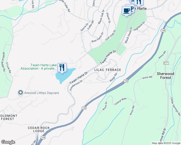 map of restaurants, bars, coffee shops, grocery stores, and more near 22454 Ponderosa Drive in Twain Harte