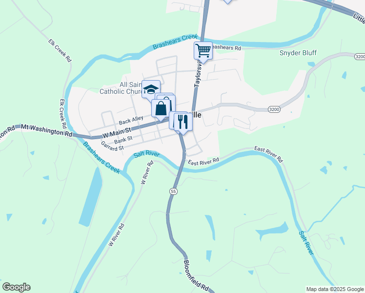 map of restaurants, bars, coffee shops, grocery stores, and more near 148 Jefferson Street in Taylorsville