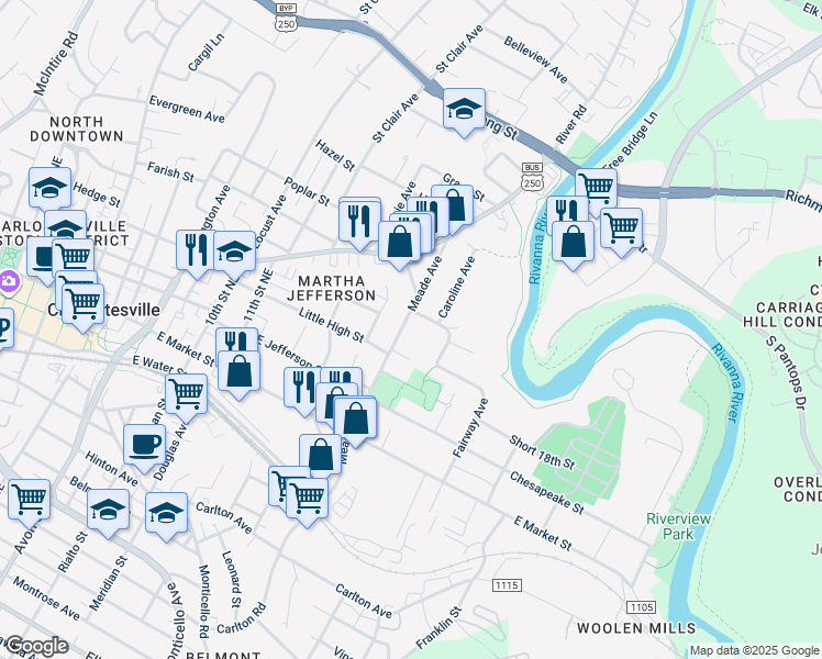 map of restaurants, bars, coffee shops, grocery stores, and more near 428 Meade Avenue in Charlottesville