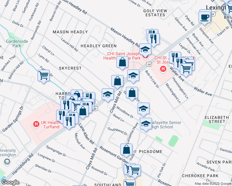 map of restaurants, bars, coffee shops, grocery stores, and more near 1617 Clays Mill Road in Lexington