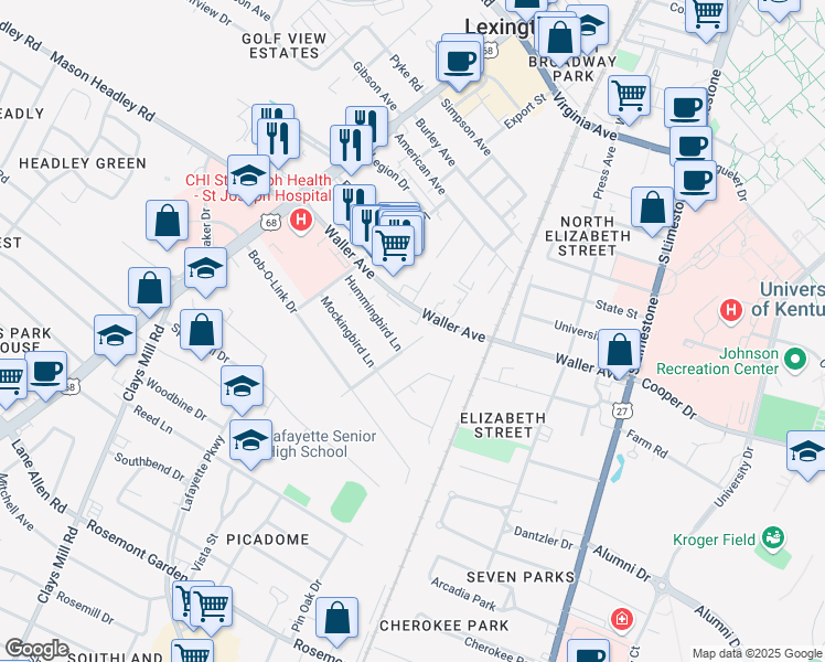 map of restaurants, bars, coffee shops, grocery stores, and more near 1545 Jacana Drive in Lexington