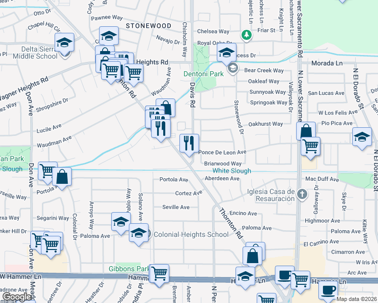 map of restaurants, bars, coffee shops, grocery stores, and more near 8709 Davis Road in Stockton
