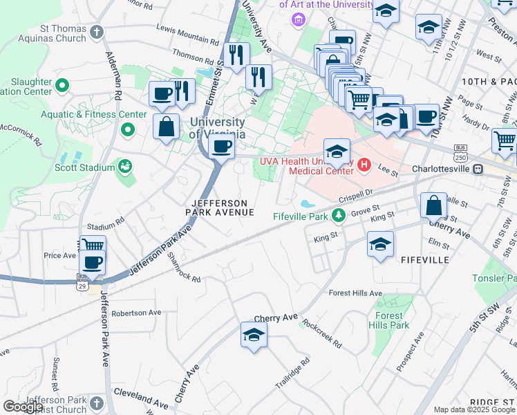 map of restaurants, bars, coffee shops, grocery stores, and more near 1712 Valley Road in Charlottesville