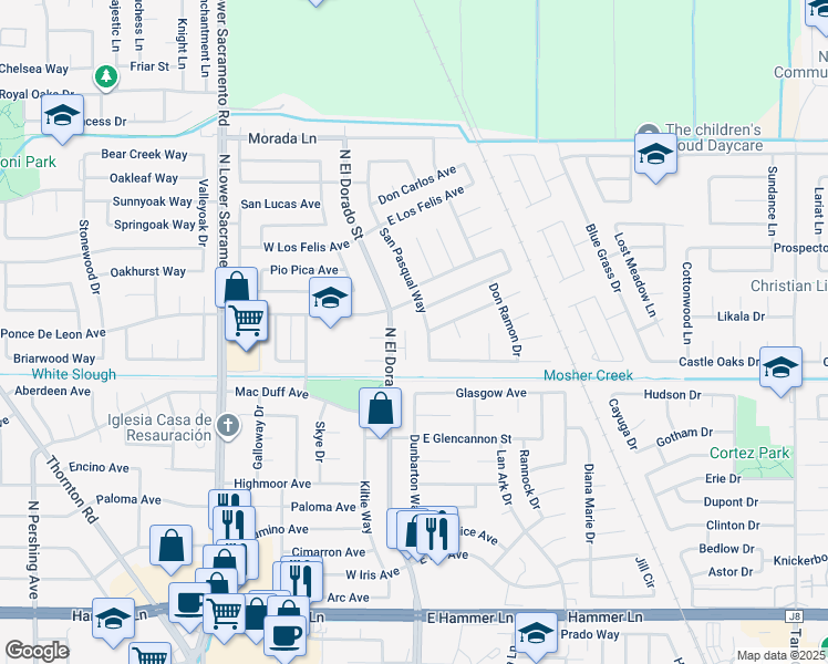 map of restaurants, bars, coffee shops, grocery stores, and more near 82 Martinique Court in Stockton