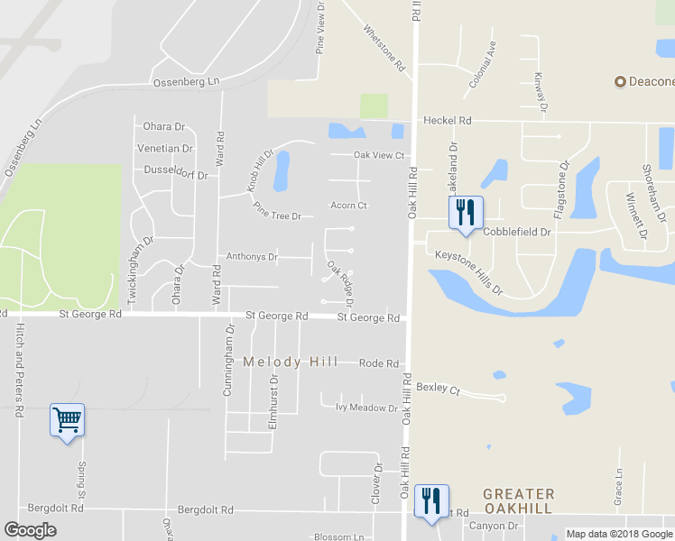 map of restaurants, bars, coffee shops, grocery stores, and more near 5769 Oak Ridge Drive in Evansville