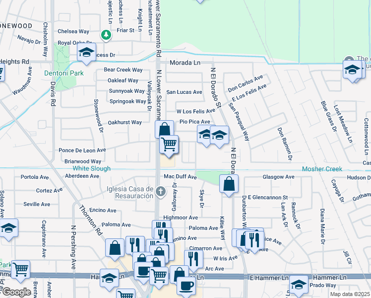 map of restaurants, bars, coffee shops, grocery stores, and more near 8635 Santa Paula Way in Stockton