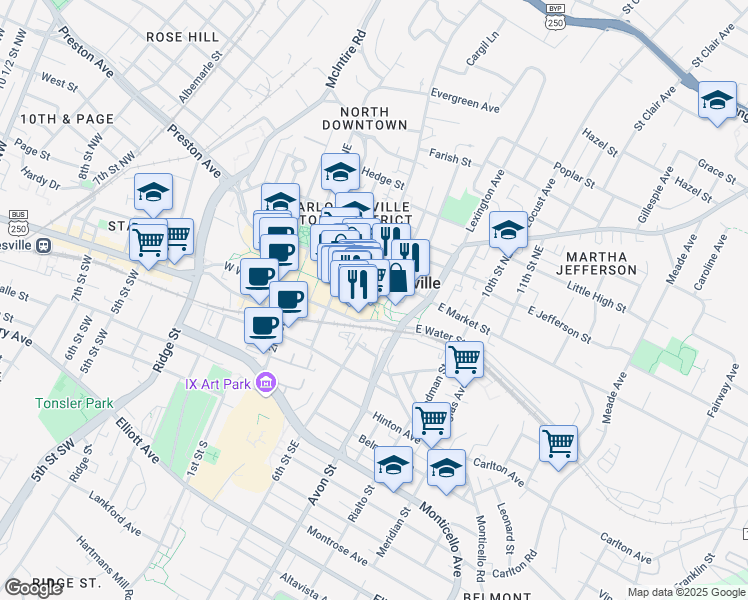 map of restaurants, bars, coffee shops, grocery stores, and more near in Charlottesville