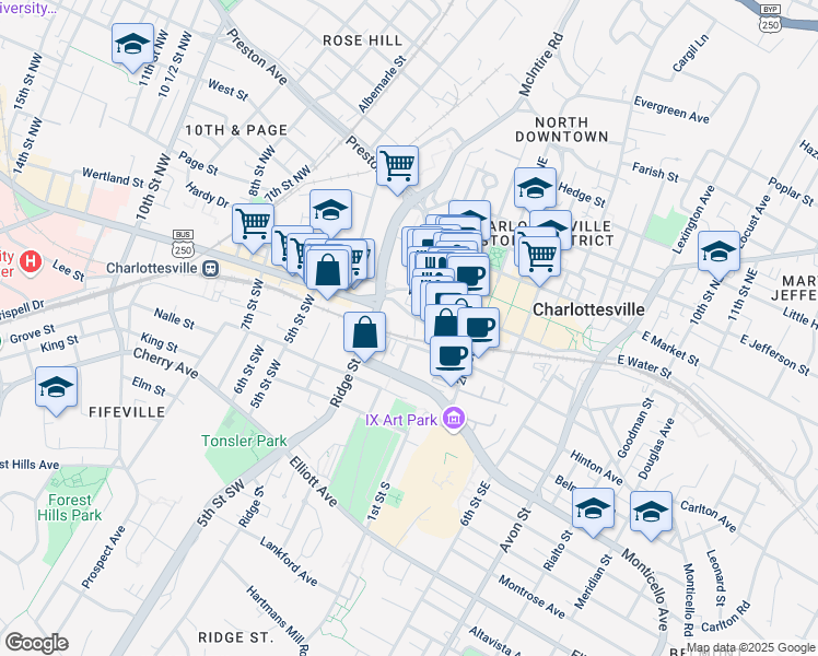 map of restaurants, bars, coffee shops, grocery stores, and more near 100 Ridge Street in Charlottesville