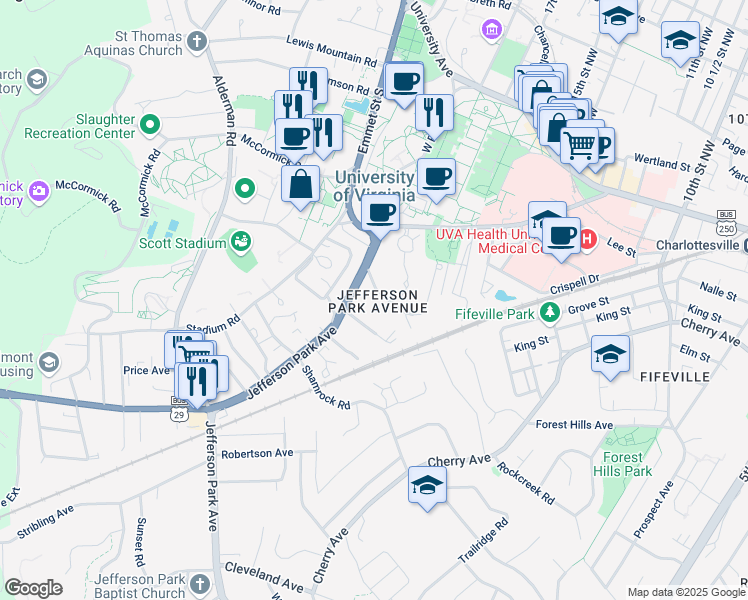 map of restaurants, bars, coffee shops, grocery stores, and more near 1714 Jefferson Park Avenue in Charlottesville