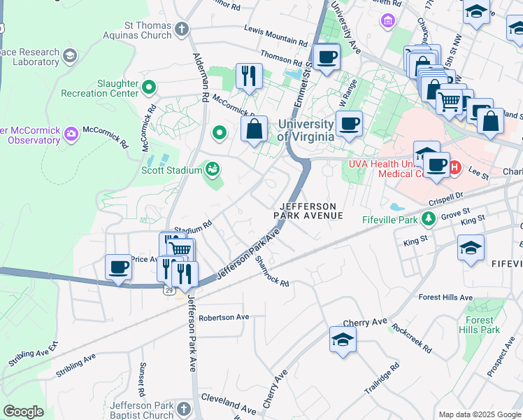 map of restaurants, bars, coffee shops, grocery stores, and more near 112 Montebello Circle in Charlottesville
