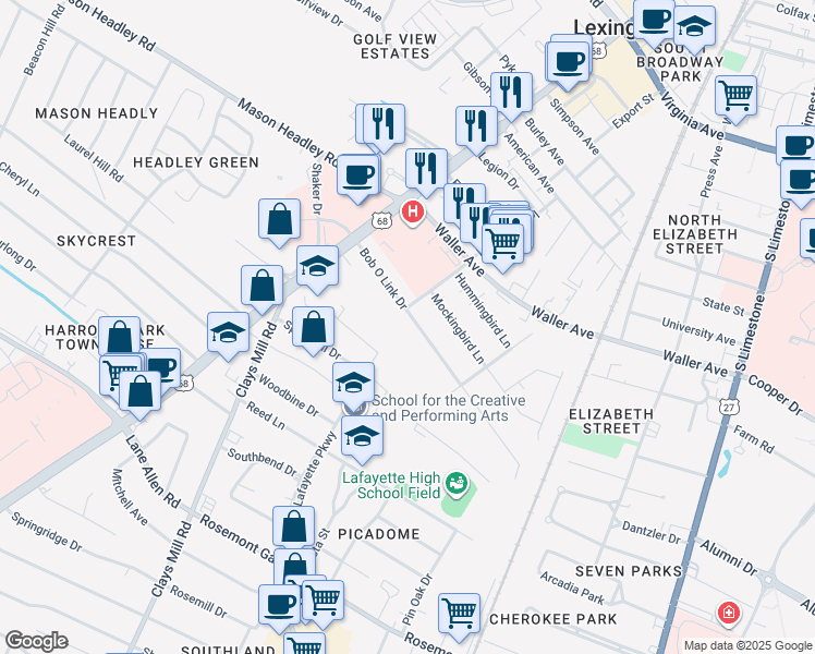 map of restaurants, bars, coffee shops, grocery stores, and more near 492 Bob-O-Link Drive in Lexington